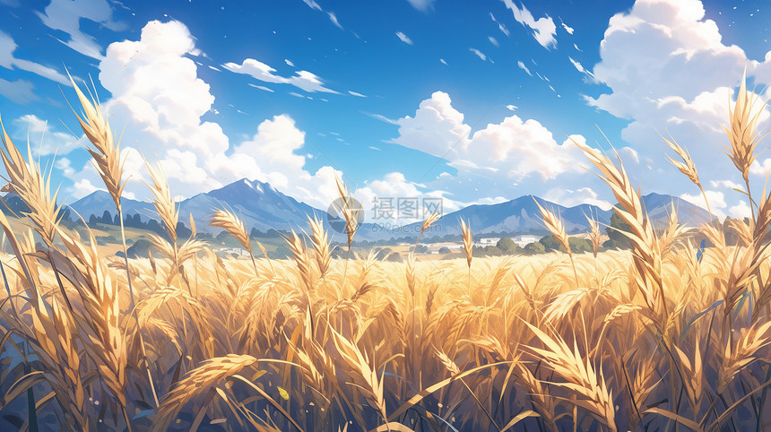 蓝天白云下即将丰收的麦子卡通风景图片