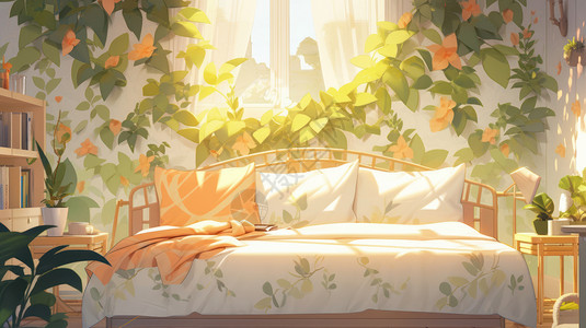 满是植物温馨的大床卡通卧室背景图片