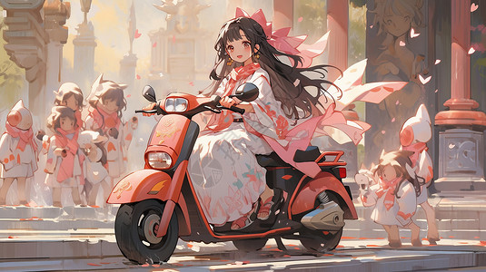 古风装扮的卡通女孩在路上骑摩托车背景图片