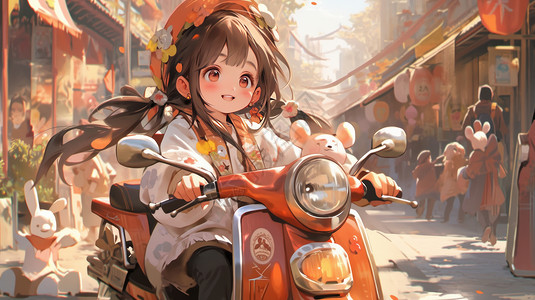 大眼睛漂亮的卡通女孩骑红色摩托车高清图片
