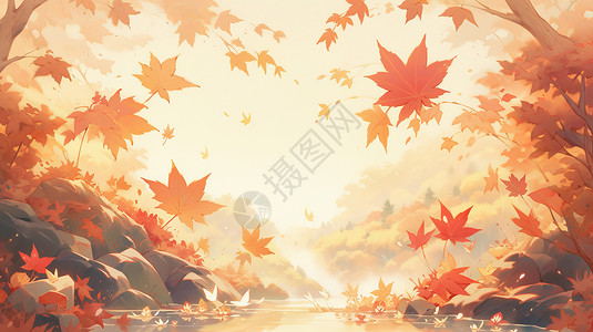 枫树叶子秋天唯美的卡通风景枫树林落叶插画