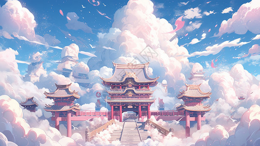 空中梦幻的卡通古风建筑宫殿背景图片