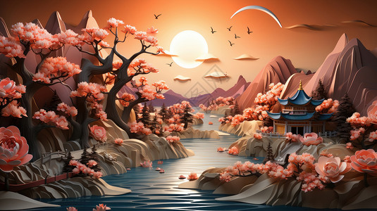 中秋盛开的花朵与山川河流剪纸风卡通风景图片