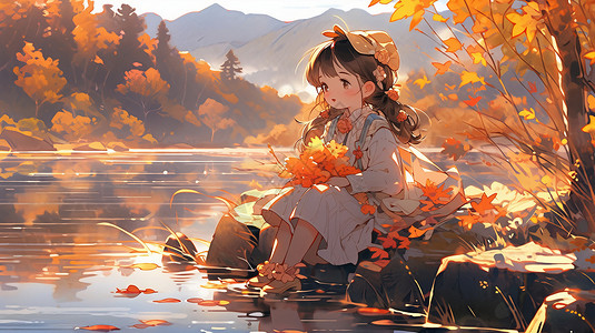 手捧树叶秋天坐在河边手捧黄色树叶的卡通小女孩插画