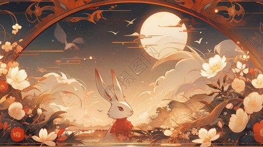 中秋夜晚可爱的卡通兔子在赏月背景图片