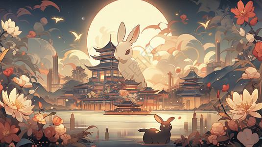 中秋夜晚卡通古风建筑上一只超大的兔子背景图片