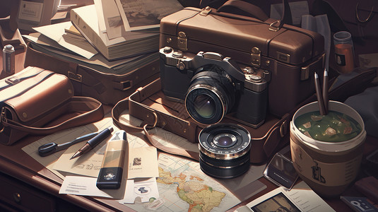 放在桌子上的卡通旅行装备相机包图片