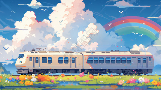 彩虹跑道开满鲜花的卡通草地上一辆旅行列车插画
