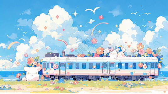 海边火车在海边的一辆载满小精灵的卡通火车插画