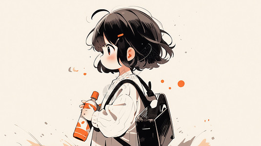 拿着饮料背着书包可爱的卡通小女孩图片
