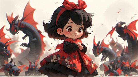 昆虫公主站在怪兽中间头戴红色蝴蝶结发卡的可爱卡通小公主插画
