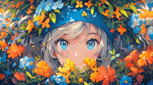 戴蓝色帽子在橙色花丛中的可爱卡通女孩图片