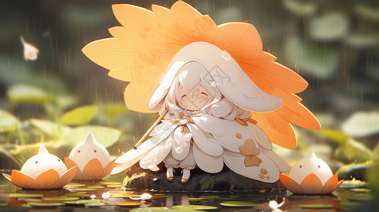 打着树叶女孩秋天打着树叶雨伞的可爱卡通小女孩插画
