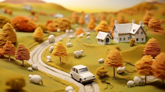 秋天美丽的立体卡通乡村小白房子与羊群图片