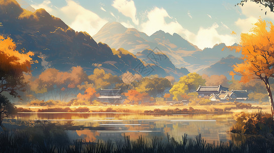 秋天湖泊旁幽静的卡通小村庄背景图片