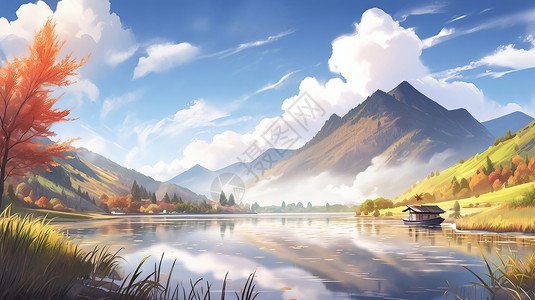 被搁浅小船秋天被云雾围绕的小山与美丽的湖泊卡通风景插画