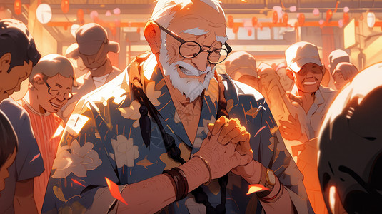 老人穿棉袄戴着眼镜穿花衬衫的卡通老爷爷在参加活动插画