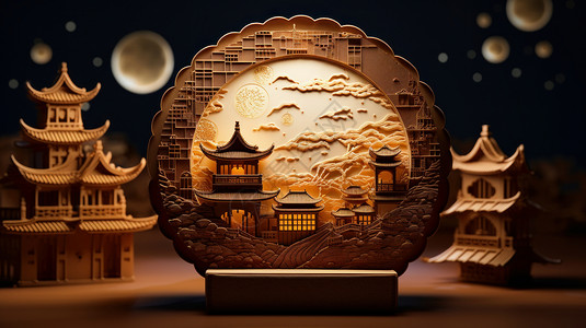 中国风雕刻立体浮雕精致古风建筑风景月饼礼盒包装插画