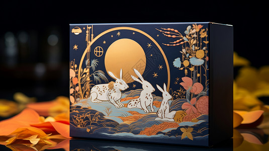 金色盒子包装三只小兔子在月下月饼包装盒插画