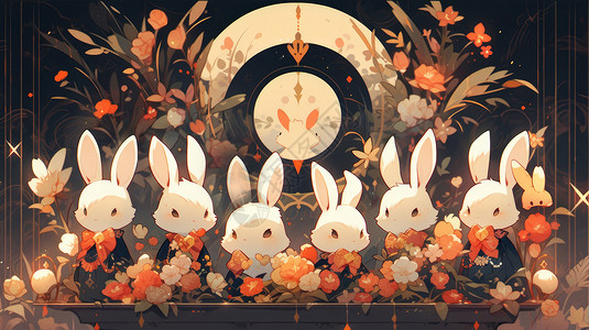 多只可爱的卡通兔子一起过中秋节图片