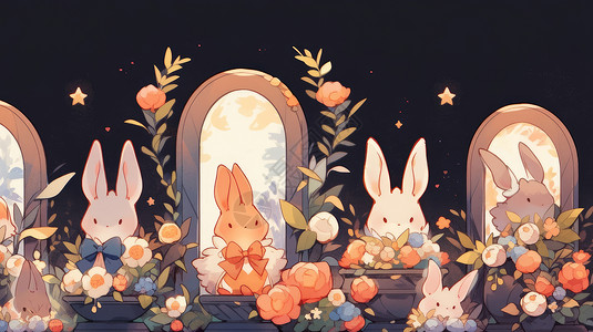 可爱的卡通兔子与漂亮的花朵背景图片