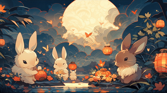 超大的月光下很多可爱的卡通兔子一起过中秋节图片