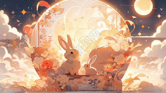 中秋节几只漂亮的卡通兔子在赏月背景图片
