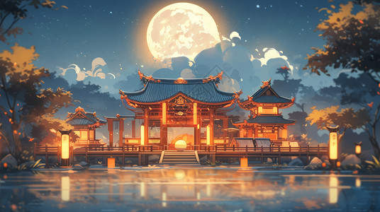八坂神社夜景中秋节圆月下灯火通明的卡通古建筑插画