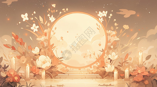秋天卡通花丛中一个圆圆的月亮镜子背景图片
