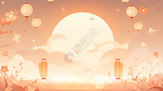 中秋节可爱的卡通兔子在奔跑向月亮图片