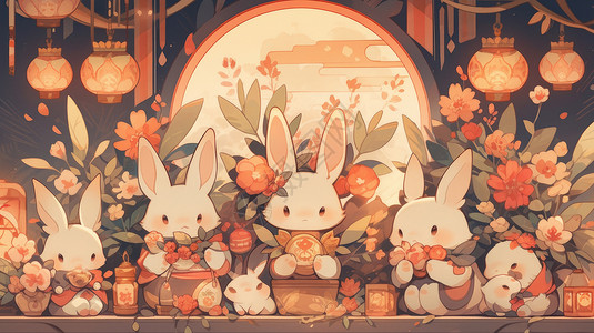 很多可爱的卡通小白兔在一起吃月饼图片