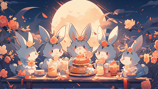 510国货大赏夜晚在一起吃月饼赏月亮的卡通兔子们插画