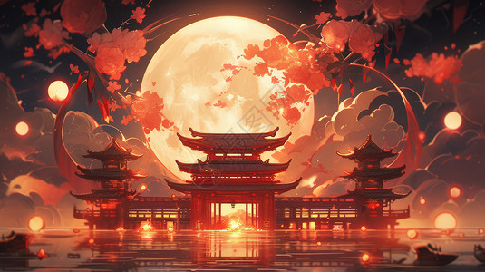 中秋节超大月亮与喜庆的卡通古风建筑高清图片