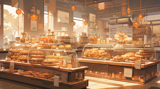 满屋陈列着面包的卡通面包屋背景图片