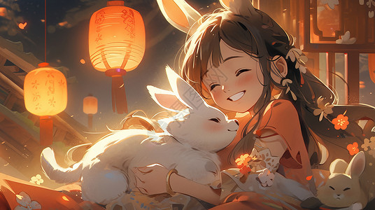 中秋节抱着小白兔开心笑的卡通古风女孩图片