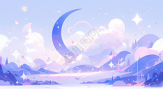 梦幻卡通风景天空上挂着月牙与云朵背景图片