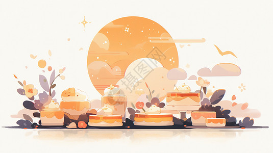 圆圆的中秋节卡通月亮与月饼背景图片