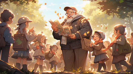 秋天手拿在树林中与学生一起开心笑的卡通老师背景图片