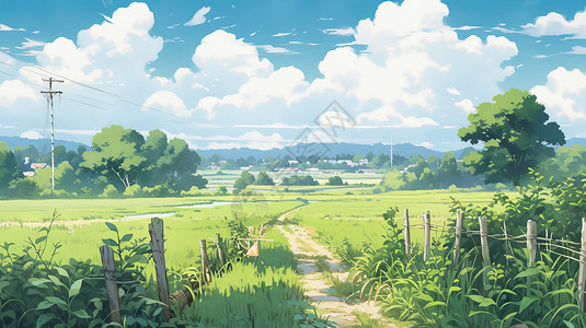 蓝天白云下远处一座若隐若现的卡通小村庄背景图片