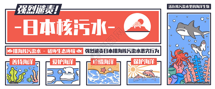 北极熊与鱼核污水里的海洋生物插画banner插画