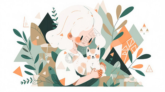 白色头发扁平风卡通女孩抱着宠物猫图片