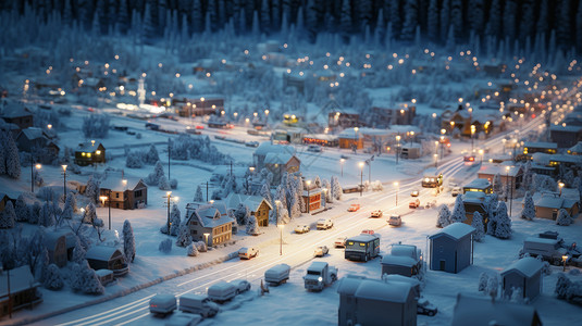 郊区道路冬天被雪覆盖的乡村道路微缩卡通场景插画