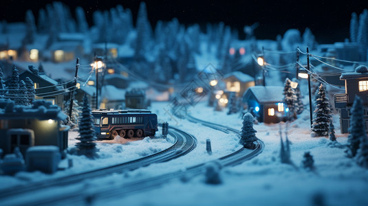 冬天微缩场景雪后小房子旁的铁轨图片