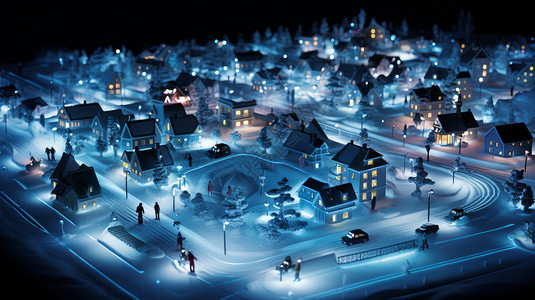 冬天夜晚雪后美丽的小村庄微缩立体卡通场景图片