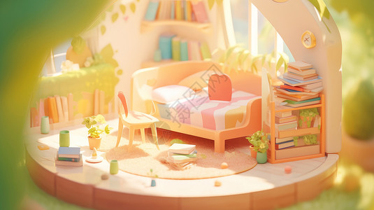 粉床放满书籍的粉色卡通儿童房间插画