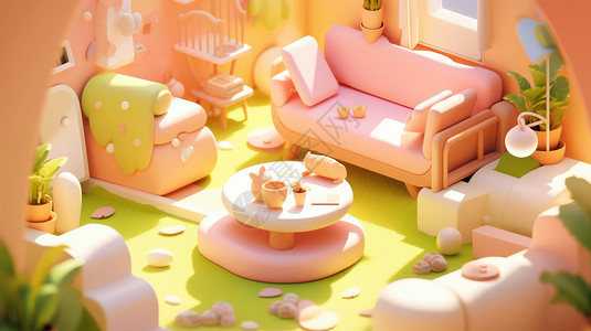 粉色沙发可爱的立体卡通客厅图片