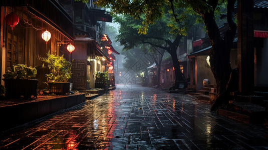 夜晚点亮灯笼的雨后古风街道图片