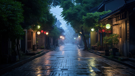 古风雨湿苹果花背景傍晚安静的古风街道点亮灯笼背景