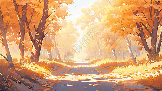 幽静小路金黄色满满落叶的卡通树林背景图片