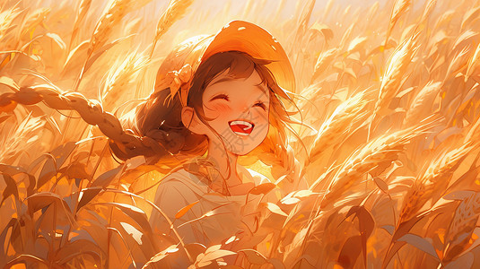 秋天在麦子地里开心笑的卡通女孩背景图片